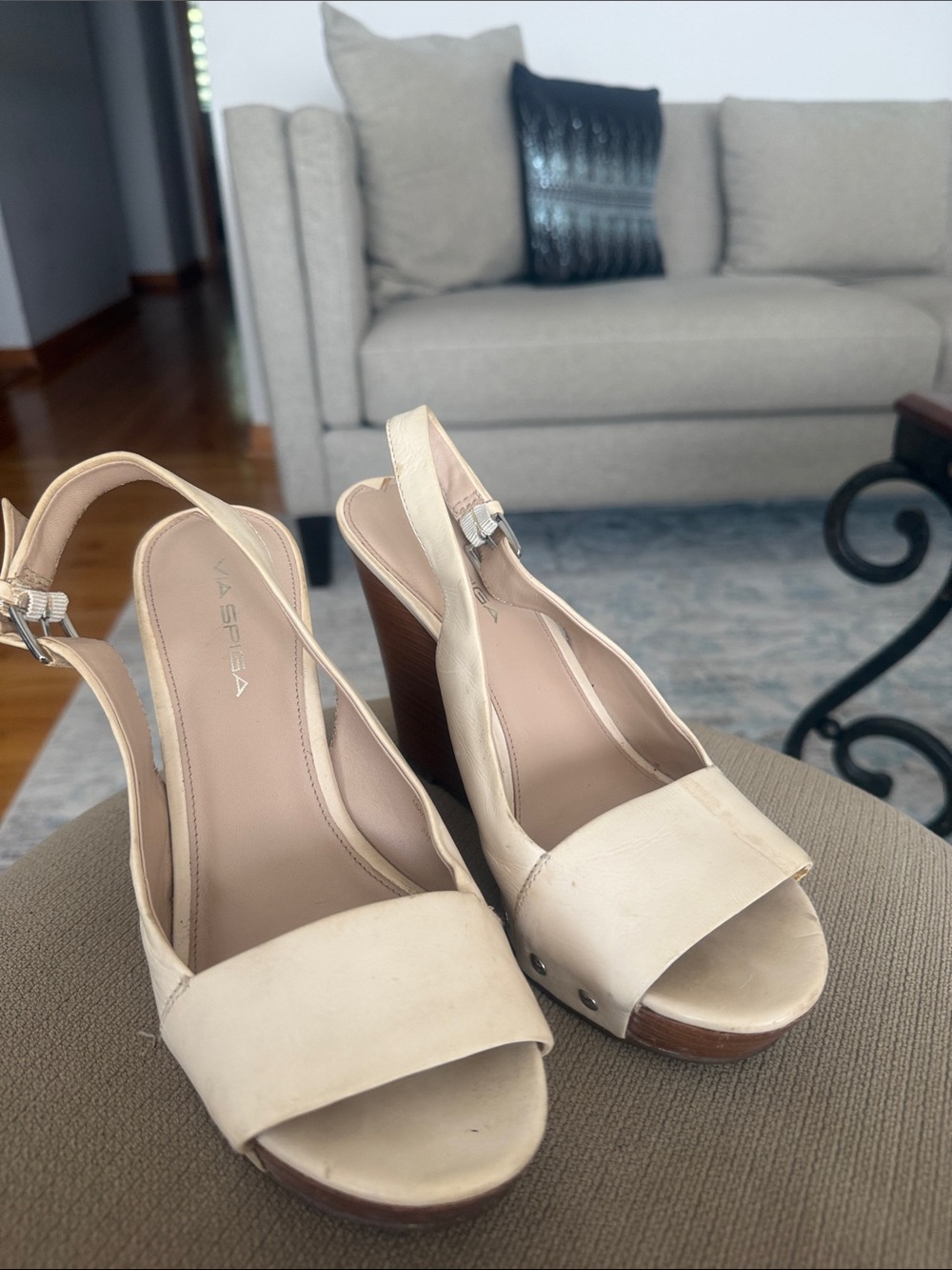 Strada Cream Open-Toe Slingback Wedge Sandals